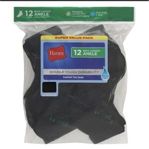 Hanes Boys' Cushioned‎ Ankle Socks 12-Pack - Black - Sz Medium 9- 2.5
